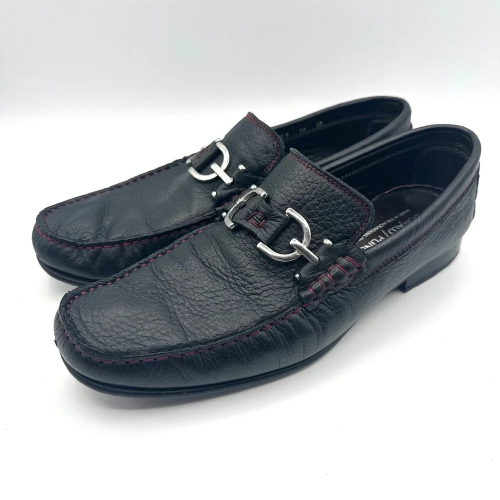 Donald Pliner Loafers Mens 10M Black Dacio 2 Bit Red Stitch Italian Leather Shoe
